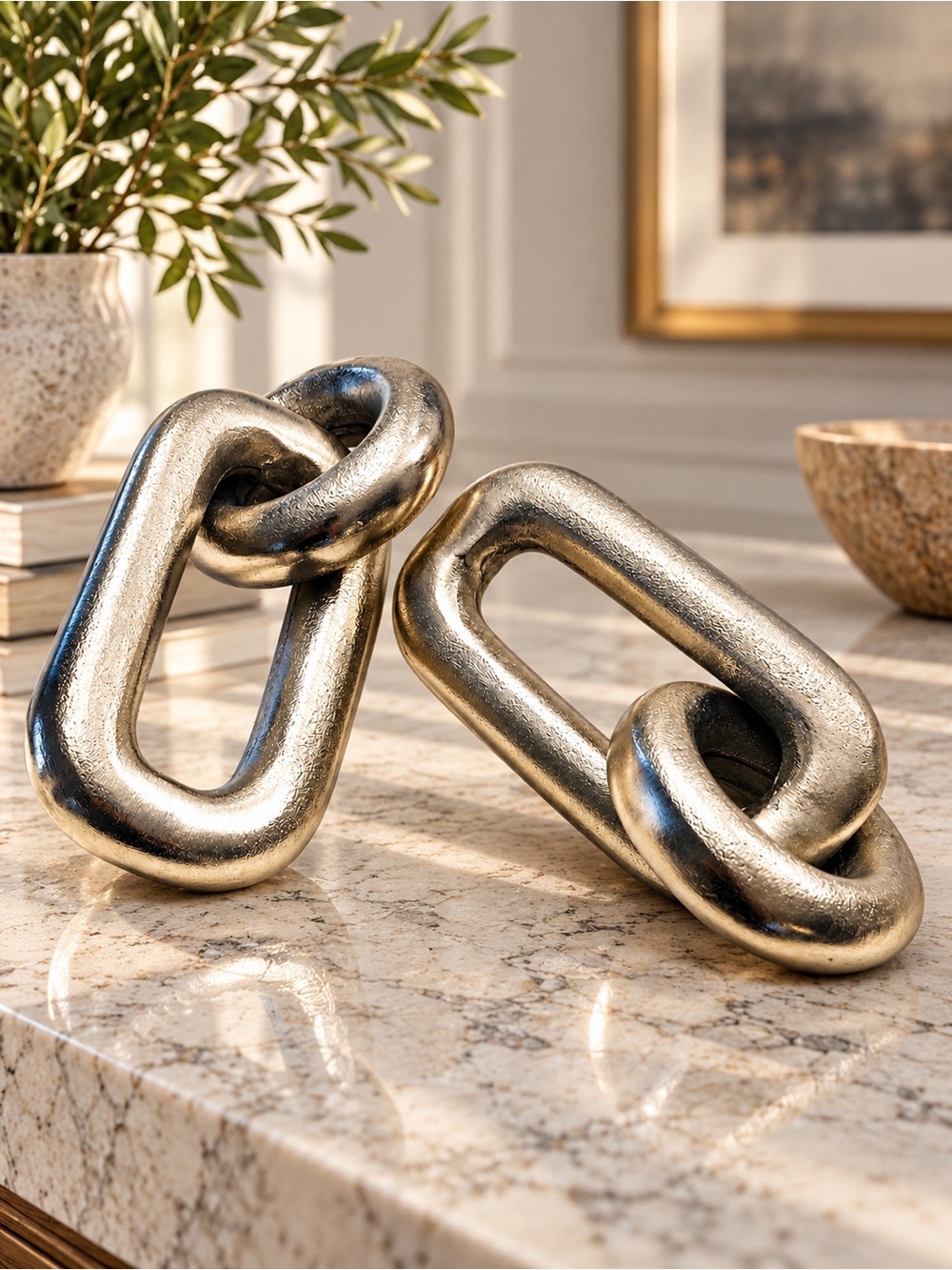 Modern Silver Metal Chain Link Sculpture Industrial Tabletop Shelf Decor